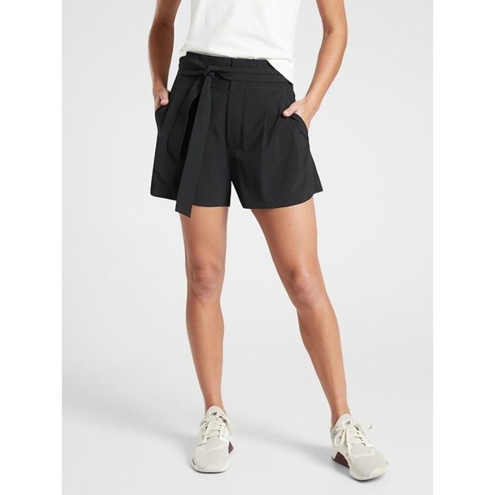 ATHLETA SKYLINE SHORTS BLACK PAPER BAG WAIST DECORATIVE TIE POCKETS SIZE 16